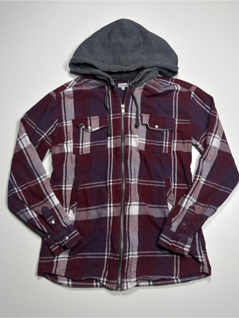 Kismet Burgundy and Gray Plaid Hooded zip up sweater